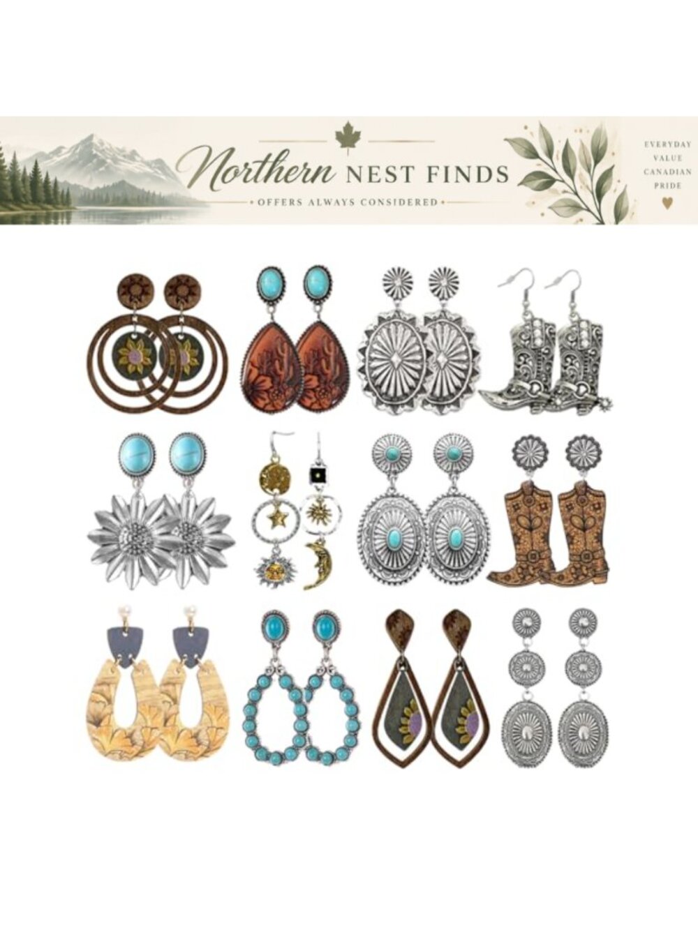 12 Pair Boho Dangle Earrings Set Wood Leather Alloy Vintage